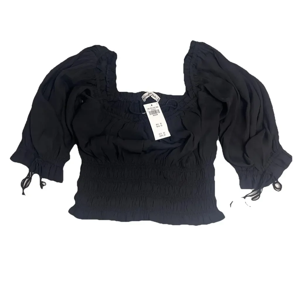 Abercrombie & Fitch Womens Medium Smocked Peasant Top Puff Sleeve Black Y2K Boho